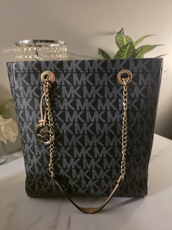 Michael Kors Handbags - Michael Kors Black MK Logo Tote with Gold Hardware and Brown Handel  Straps